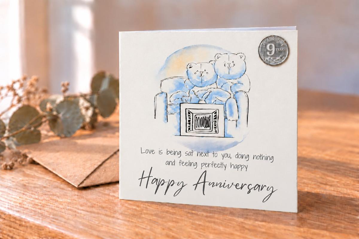 9th Anniversary Card - Relaxed Bears Watching TV, with 9th Anniversary Metal Token