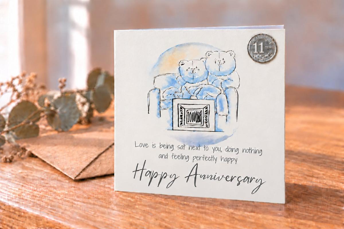 11th Anniversary Card - Relaxed Bears Watching TV, with 11th Anniversary Metal Token
