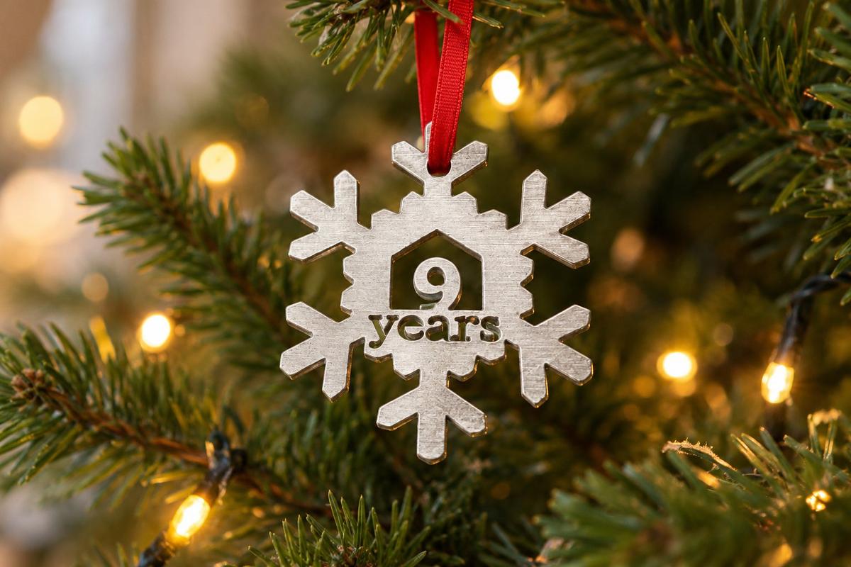 9 Year Cut Out Metal Snowflake Christmas Tree Hanging Decoration - 9th Wedding Anniversary