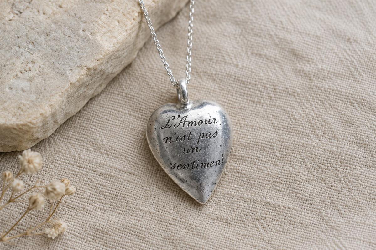 French Tin Heart Pendant - 100% Pure Tin 10 Yr Anniversary 'L'amour n'est pas un sentiment c'est un Art'.Love is not a feeling it's an Art'.