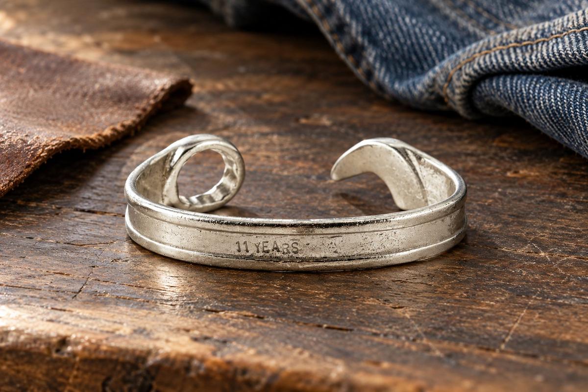 11th Anniversary Gift Ideas For Him - Spanner Wrench Bangle Bracelet - Men's Gift Stamped With 11 YEARS