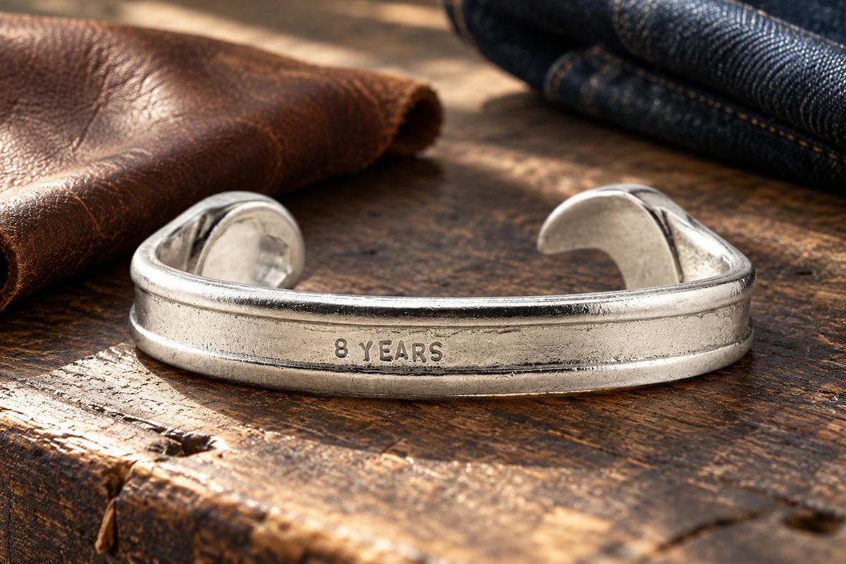 8th Anniversary Gift Ideas For Him - Spanner Wrench Bangle Bracelet - Men's Gift Stamped With 8 YEARS