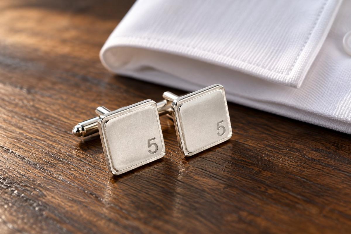 Polished Square Tin Cufflinks with '5' Engraved - 5th Anniversary