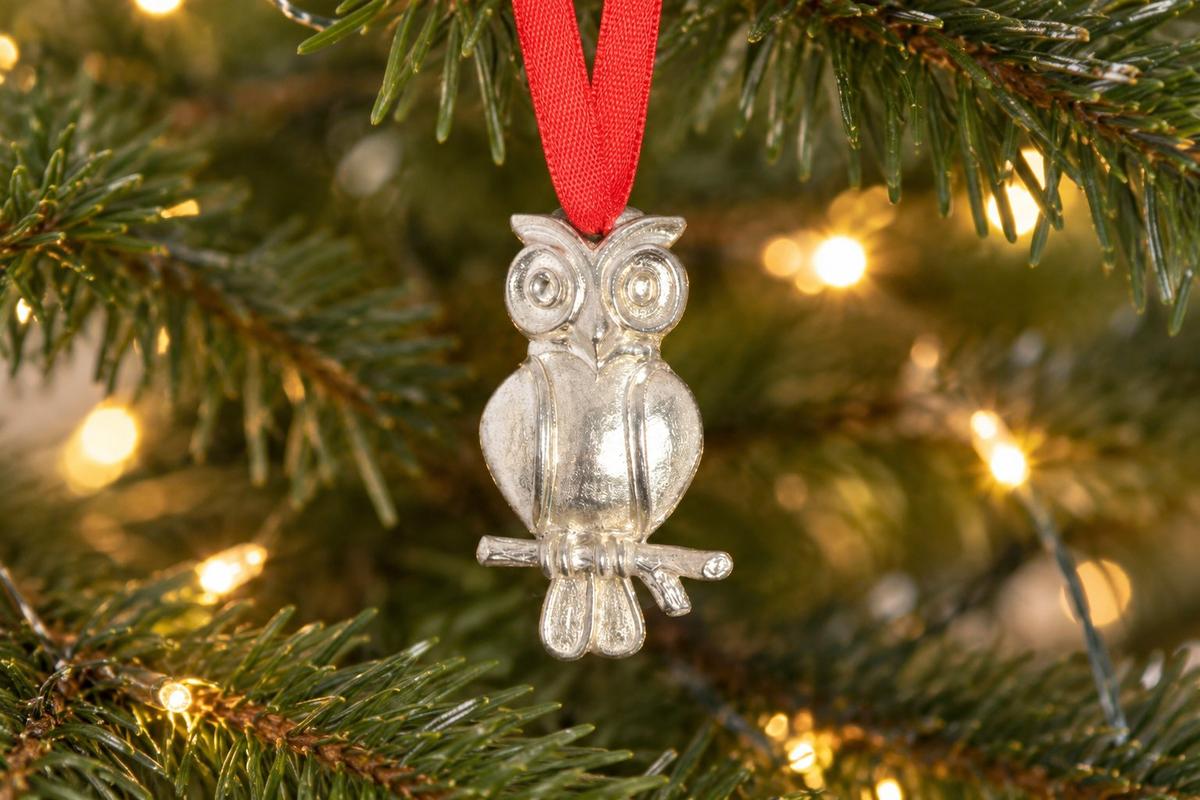 Hand Cast Tin Owl Christmas Ornament - 10th Anniversary