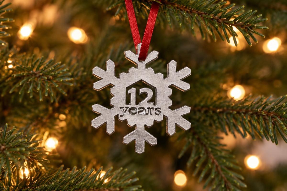 12 Year Cut Out Metal Snowflake Christmas Tree Hanging Decoration - 12th Wedding Anniversary