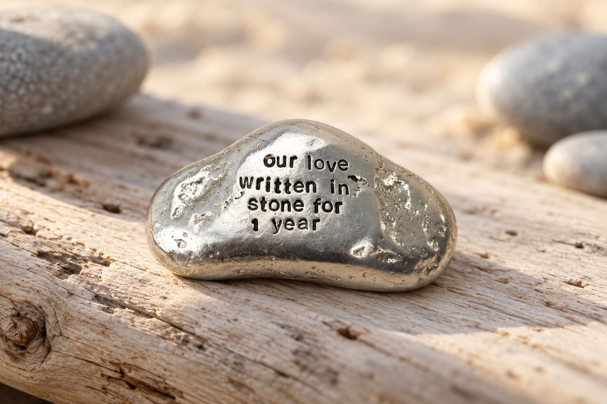 first anniversary stone — quality tin rock keepsake engraved 'our love written in stone'