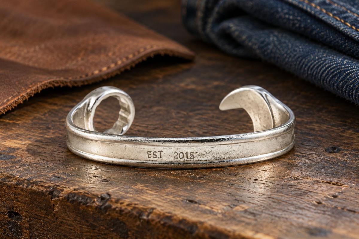 11 Year Anniversary Established 2015 Spanner Wrench Bangle Bracelet - Stamped with EST 2015