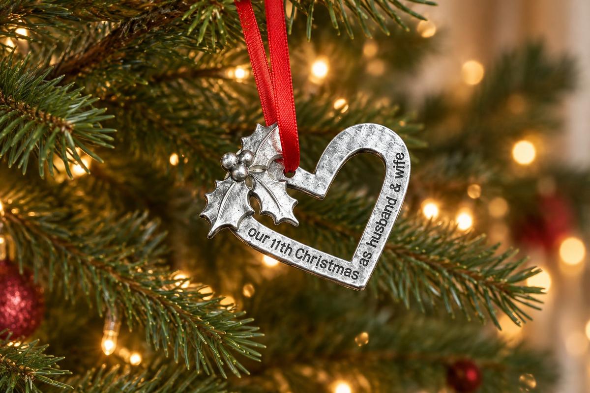 11 Year Anniversary Christmas Tree Ornament - Reads Our 11th Christmas as Husband & Wife