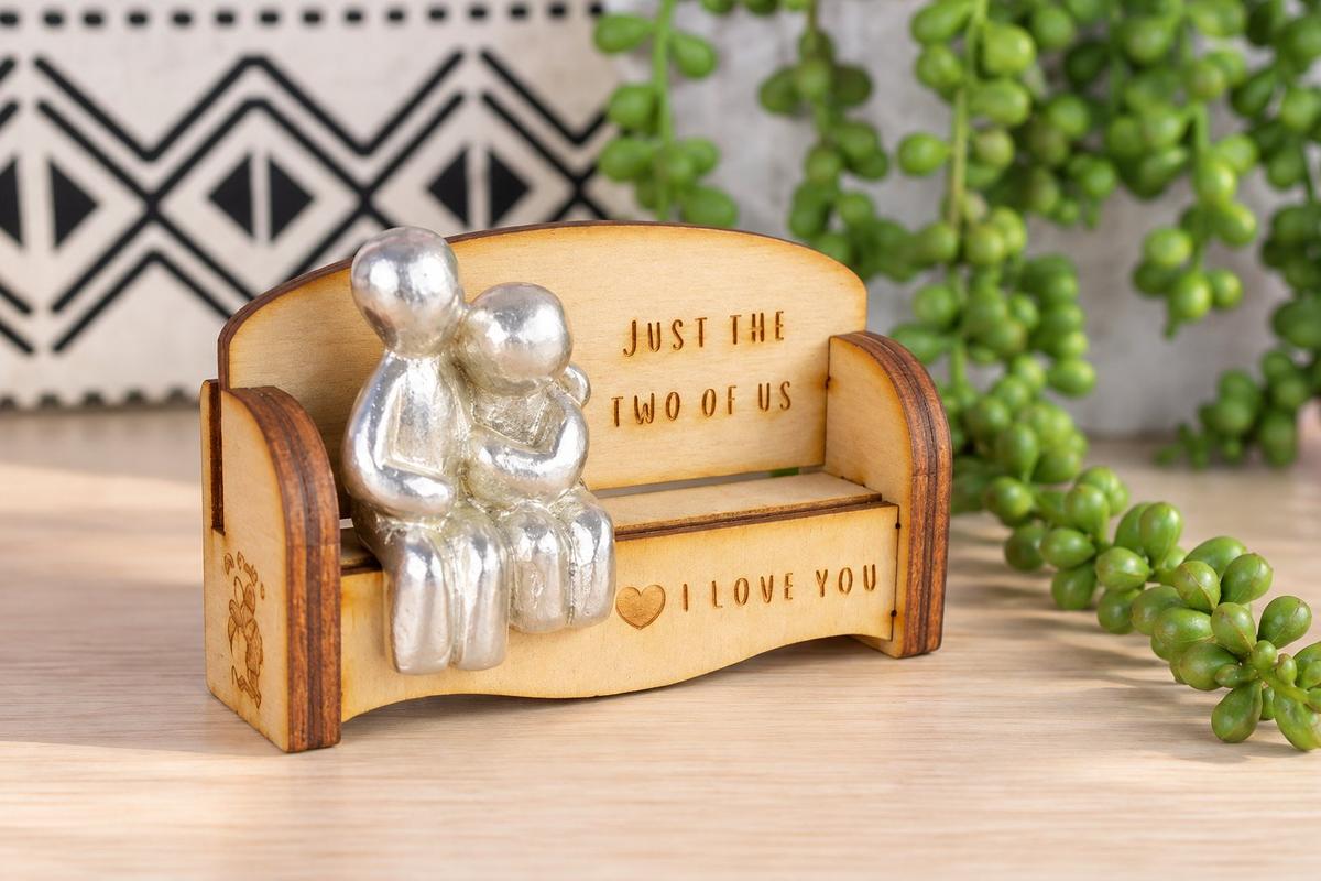 Anniversary Gift for Couples | 'Just the Two of Us' Cuddling Couple on Wooden Sofa Bench | Romantic Keepsake, Handmade UK