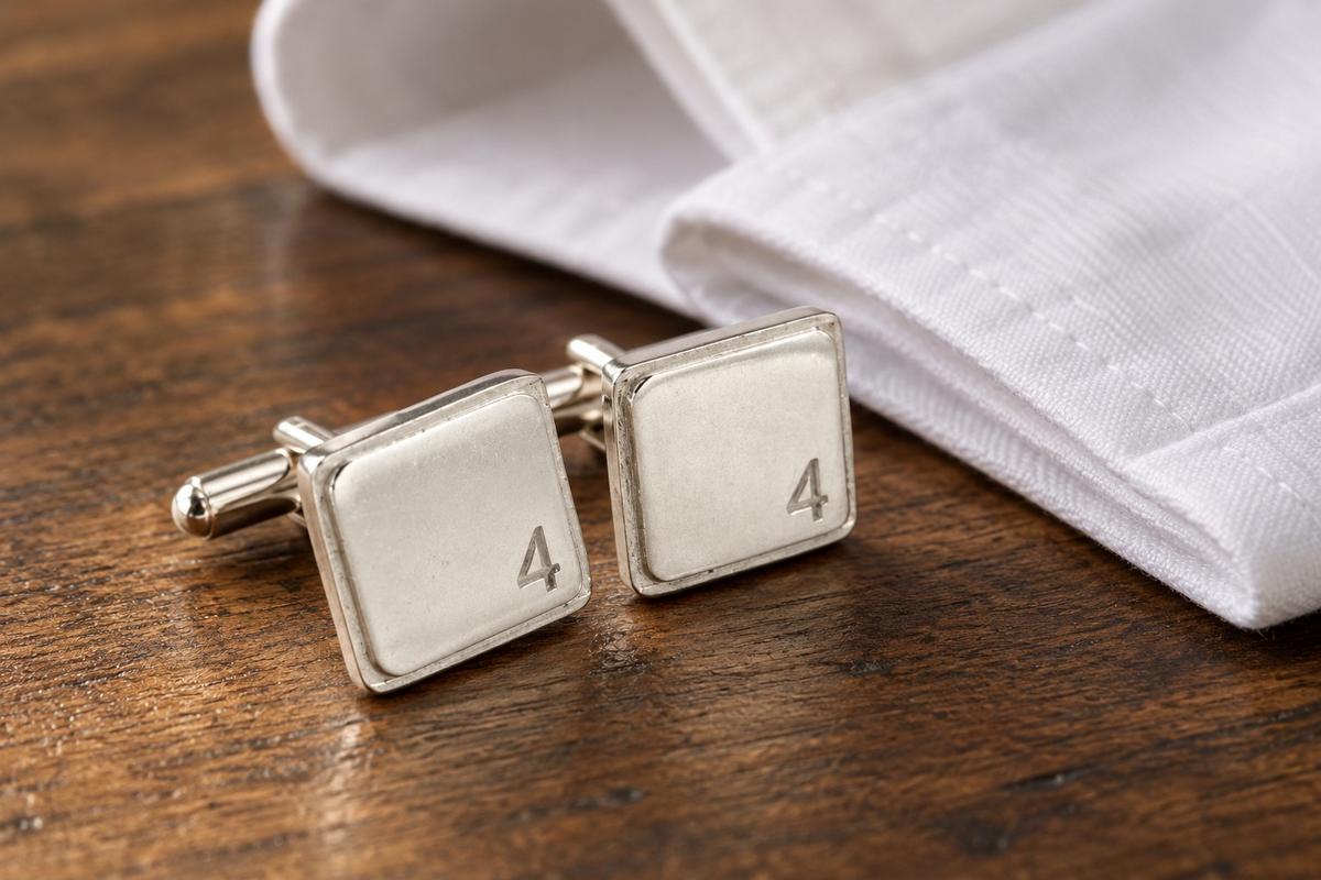 Polished Square Tin Cufflinks with '4' Engraved - 4th Anniversary