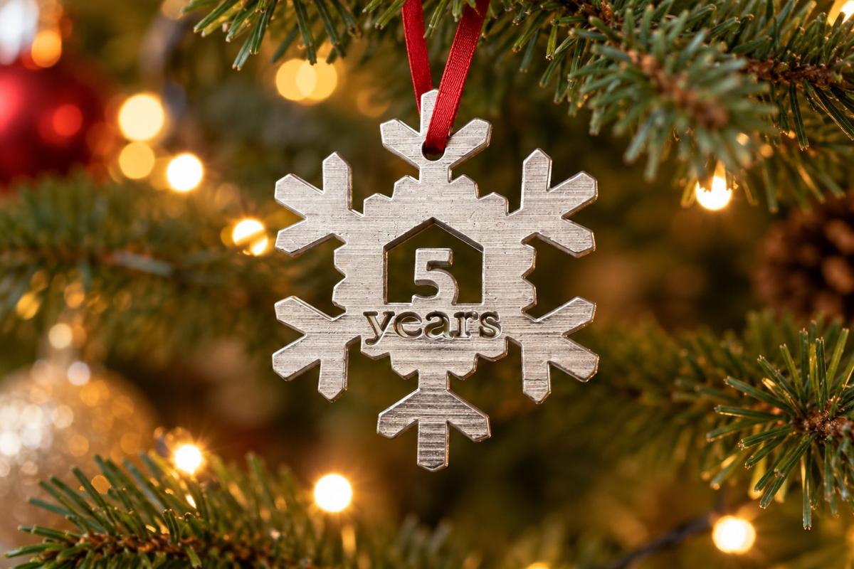 5 Year Cut Out Metal Snowflake Christmas Tree Hanging Decoration - 5th Wedding Anniversary