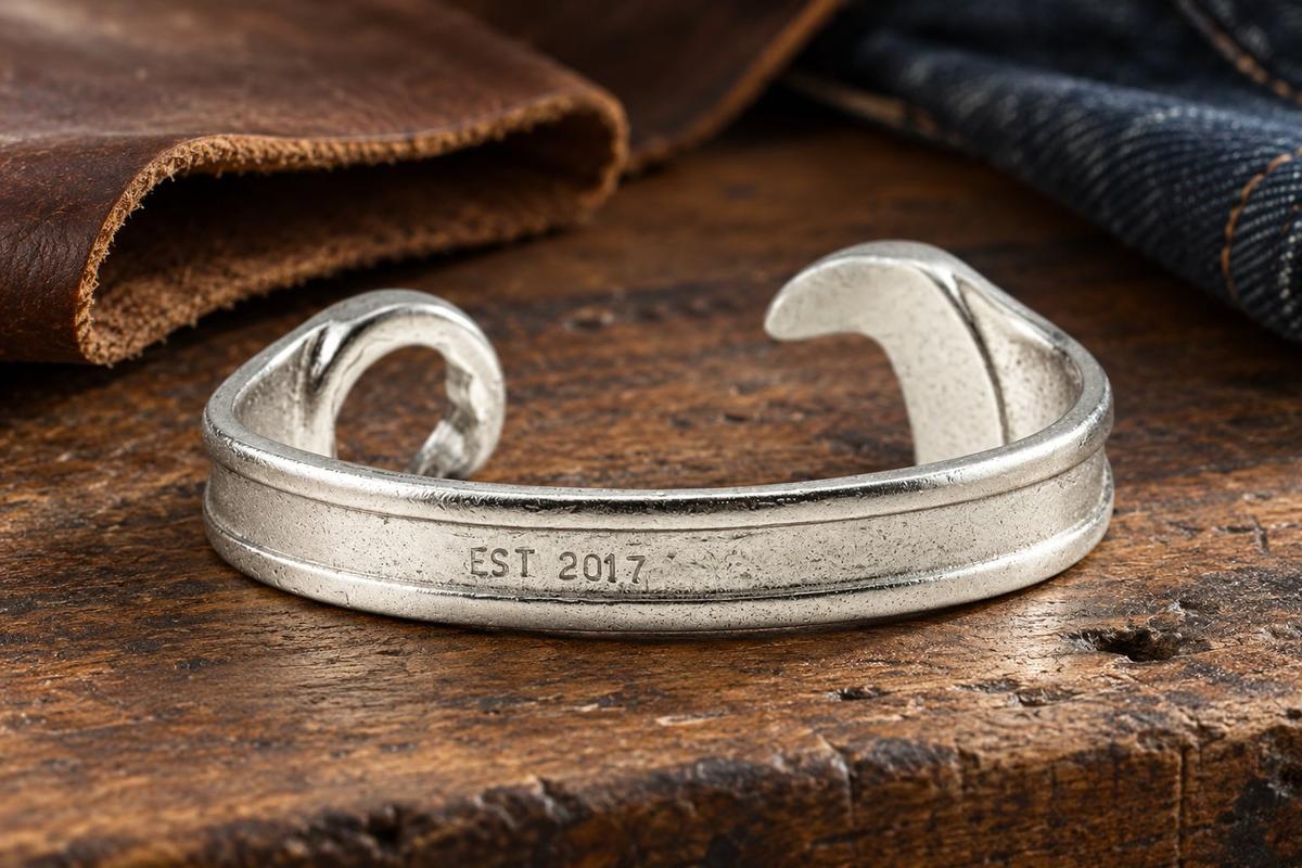 9 Year Anniversary Established 2017 Spanner Wrench Bangle Bracelet - Stamped with EST 2017
