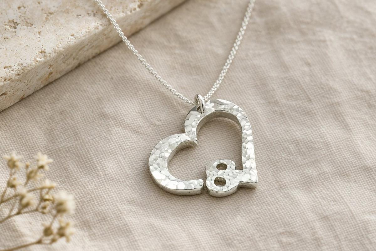 8th Anniversary Beaten Heart Pendant with Sterling Silver Chain