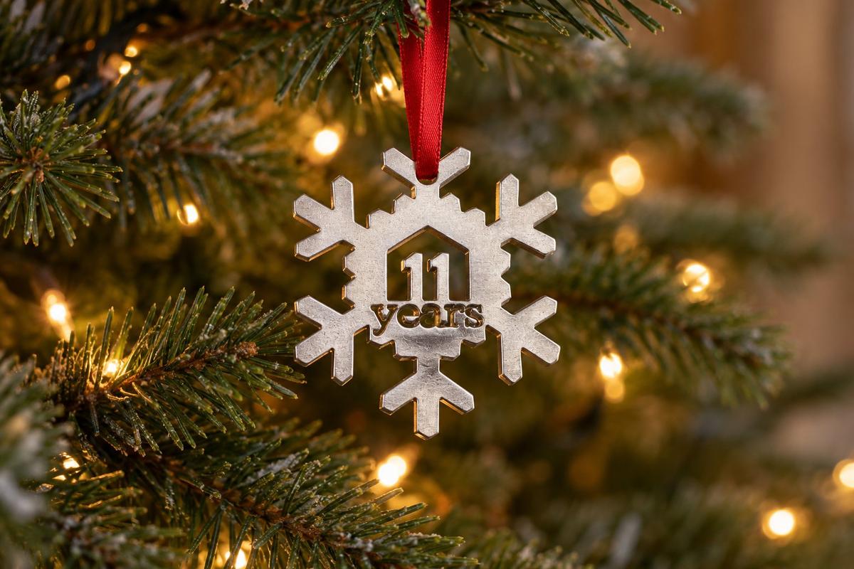 11 Year Cut Out Metal Snowflake Christmas Tree Hanging Decoration - 11th Wedding Anniversary