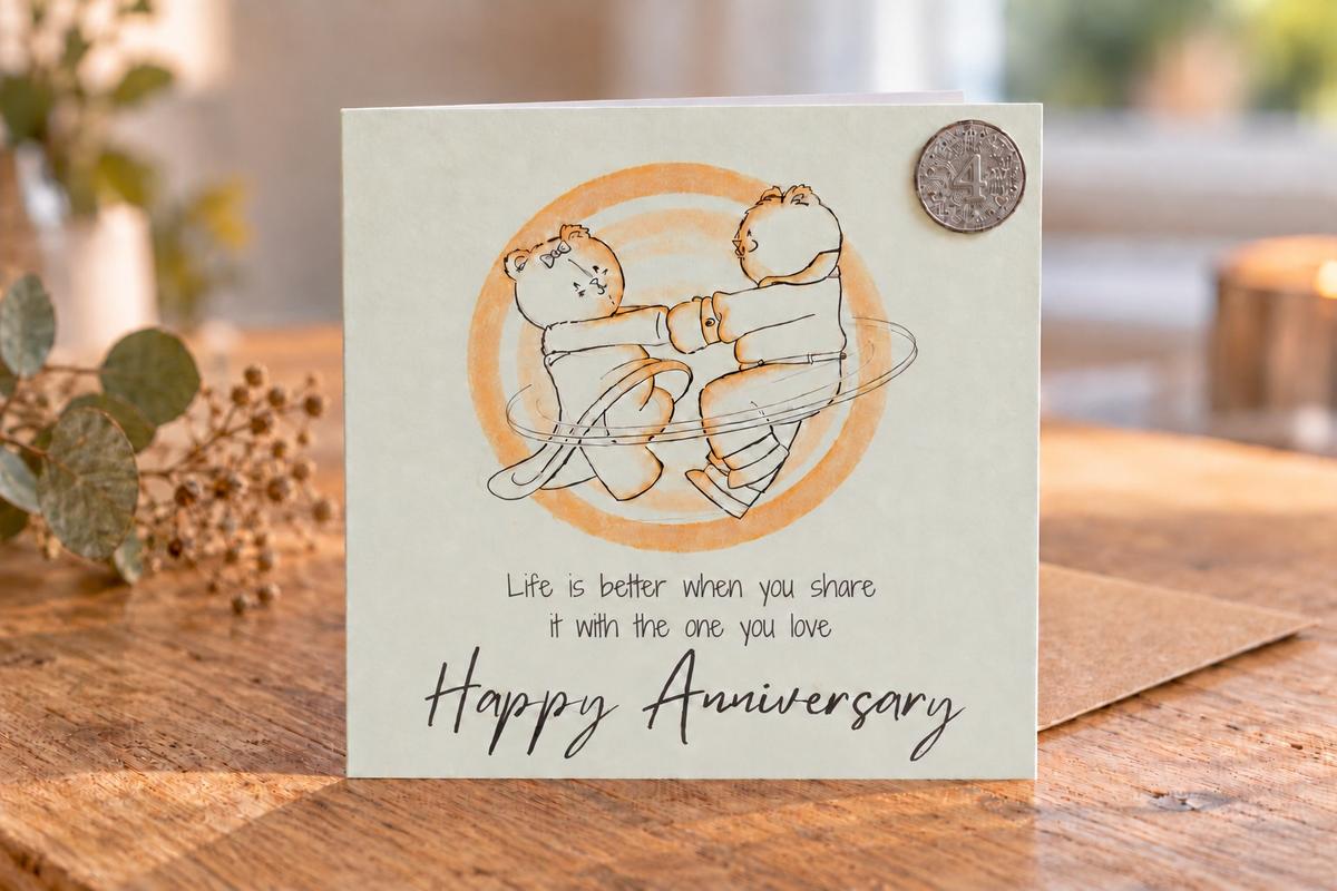 4th Anniversary Card - Bears Dancing, with 4th Anniversary Metal Token