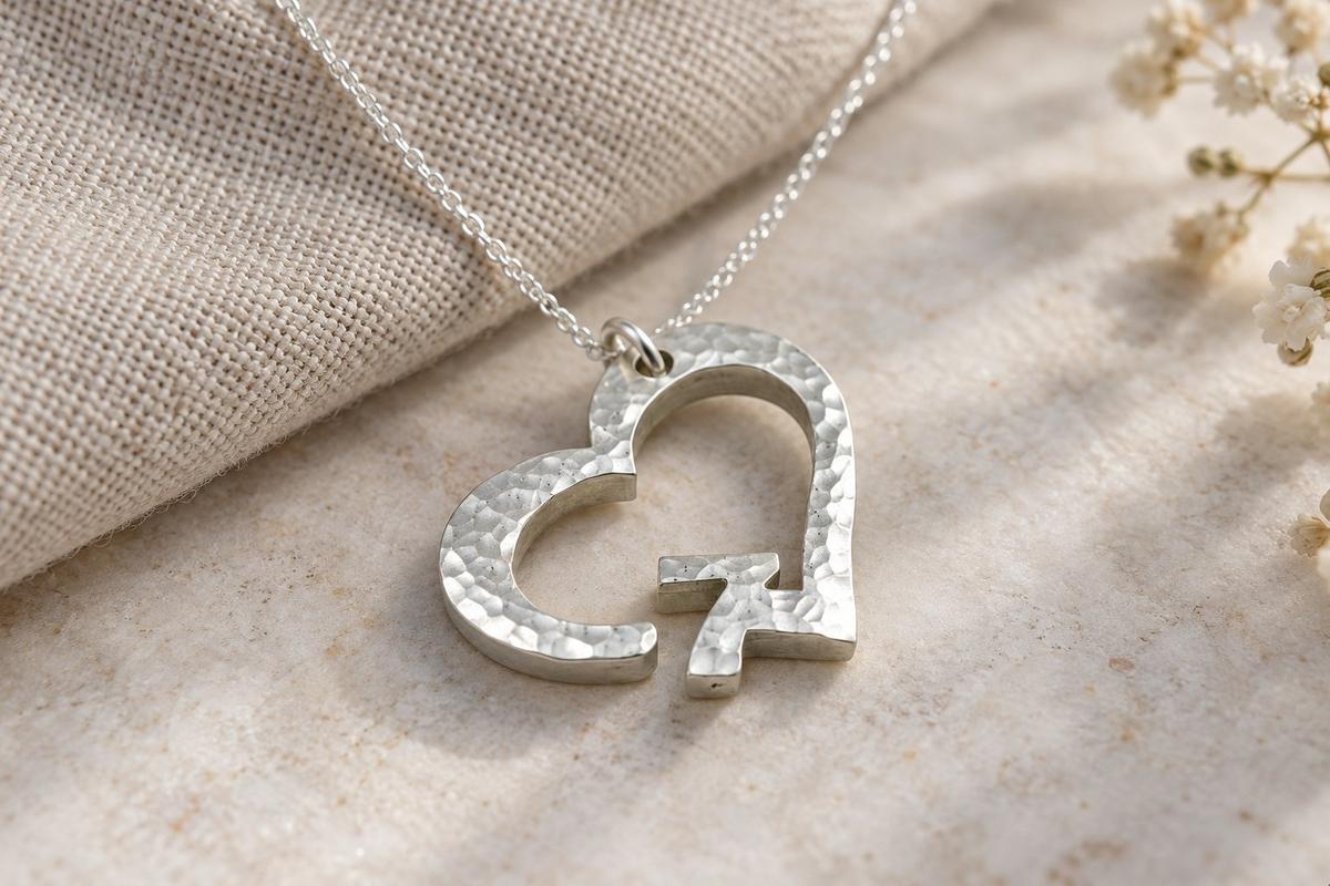 7th Anniversary Beaten Heart Pendant with Sterling Silver Chain