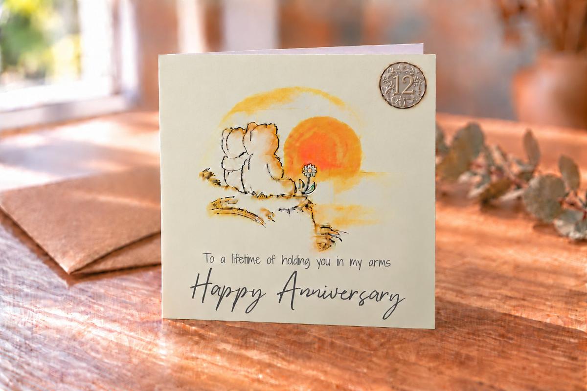 12th Anniversary Card - Bears Watching the Sunset, with 12th Anniversary Metal Token