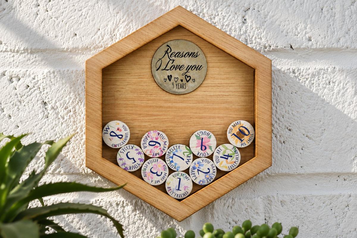 9th Anniversary Reasons I Love You Wooden Wall Frame and Full Colour Love Tokens