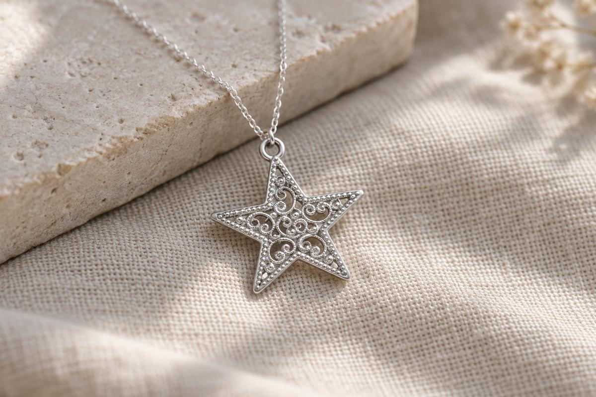 Tin Detailed Swirly Star Necklace - 10th Wedding gift - Womens Pendant