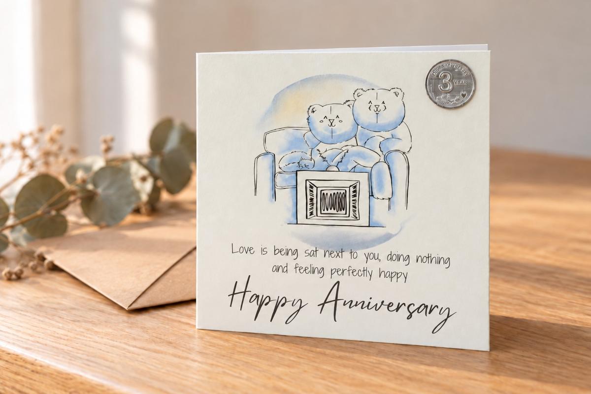 3rd Anniversary Card - Relaxed Bears Watching TV, with 3rd Anniversary Metal Token