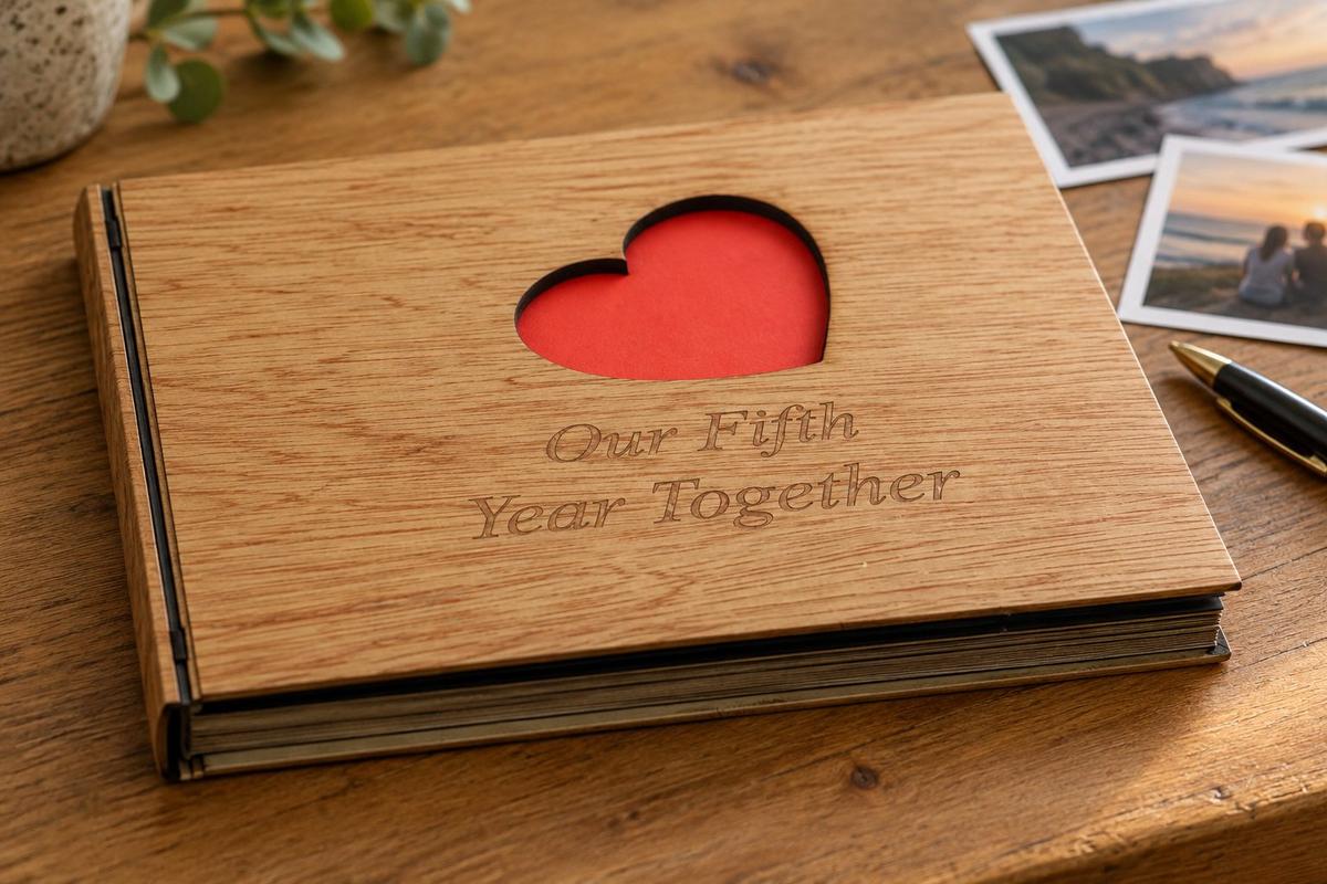 5 Year Anniversary Gift for Couples | Wooden Scrapbook 'Our 5th Year Together' | 5th Wedding Anniversary Keepsake, Handmade UK