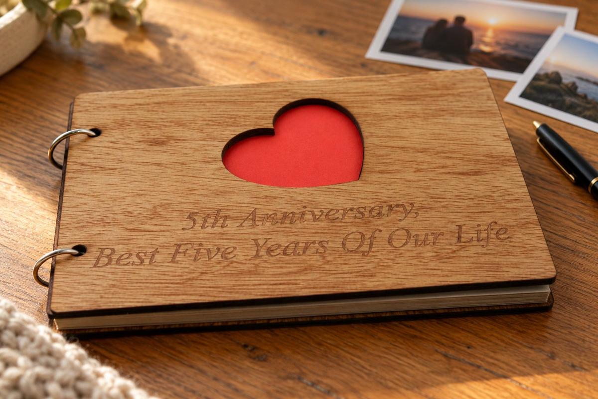 Wood Anniversary Scrapbook Gift Idea Engraved With 'Fifth Anniversary, Best Five Years Of Our Life.