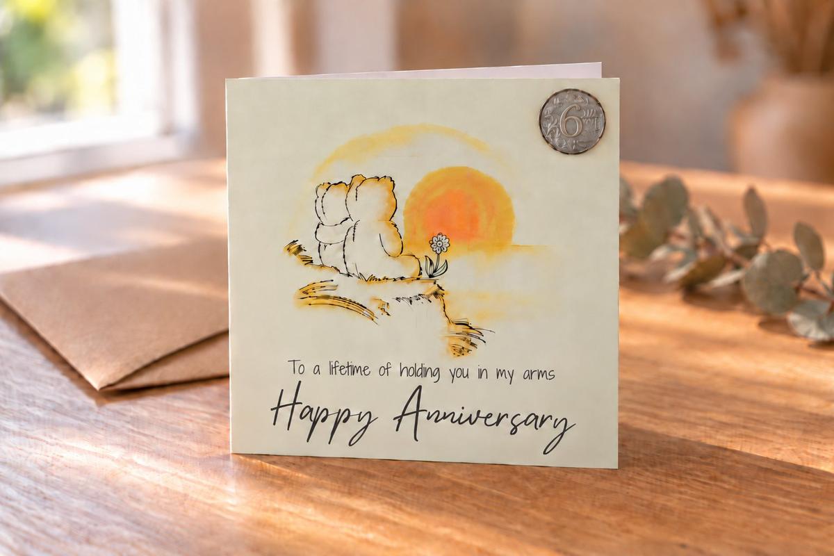 6th Anniversary Card - Bears Watching the Sunset, with 6th Anniversary Metal Token