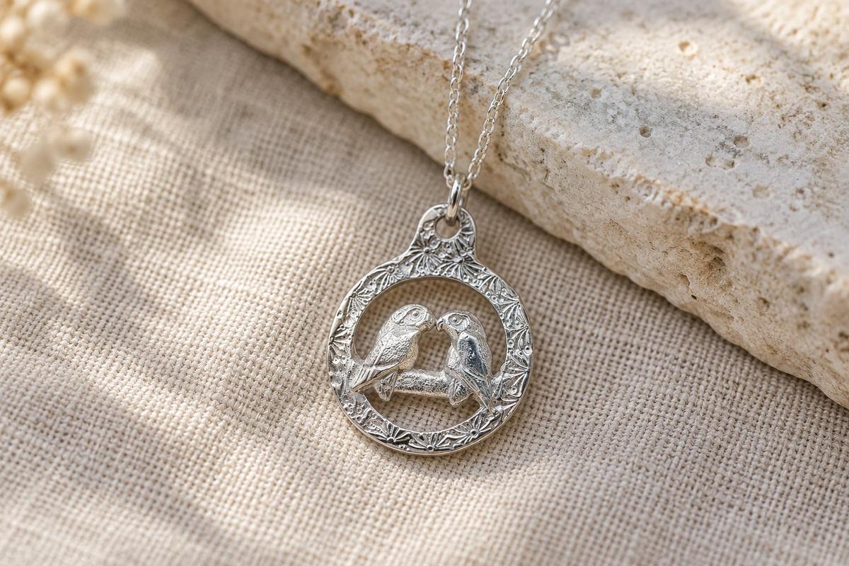 Tin Birds/Lovebirds Pendant/Necklace - 10th Wedding Anniversary. Birthday.