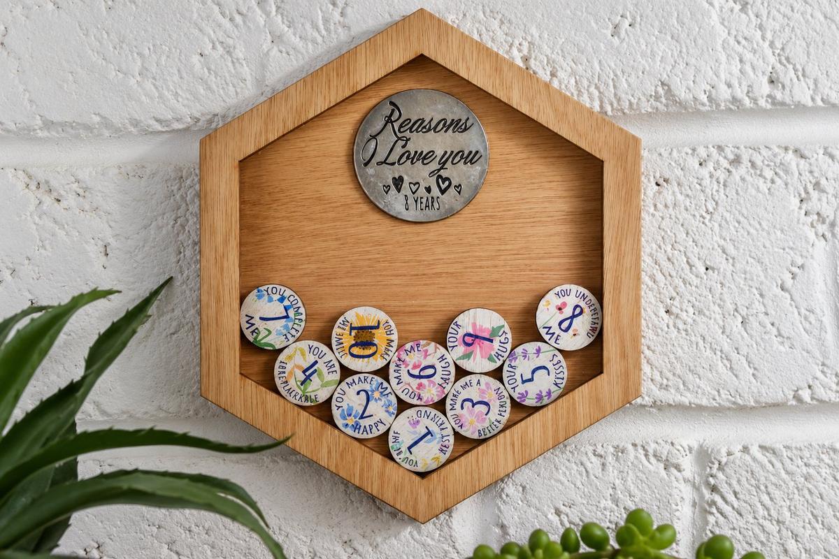 8th Anniversary Reasons I Love You Wooden Wall Frame and Full Colour Love Tokens