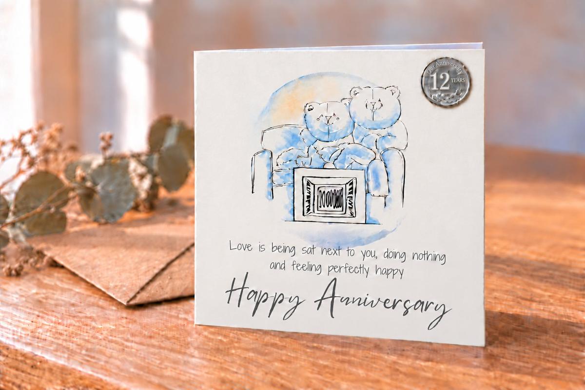 12th Anniversary Card - Relaxed Bears Watching TV, with 12th Anniversary Metal Token