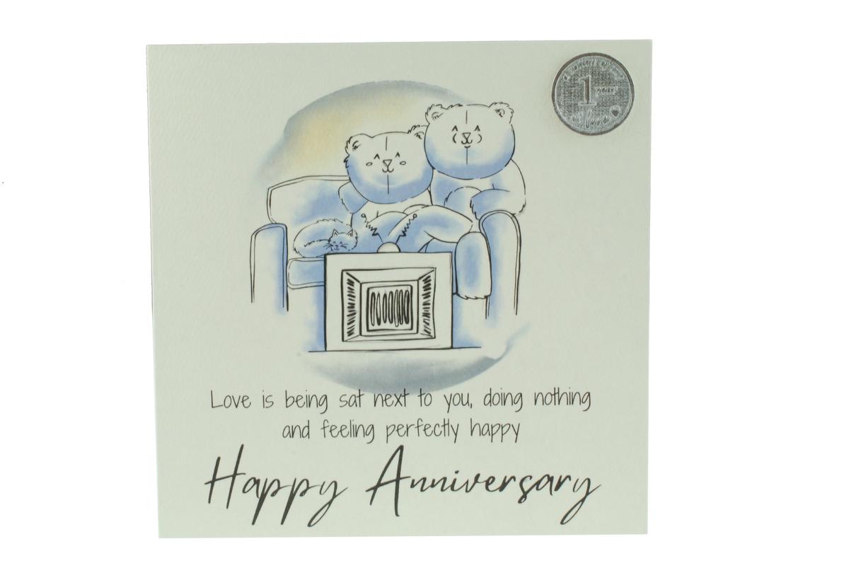 1st Anniversary Card - Relaxed Bears Watching TV, with 1st Anniversary Metal Token