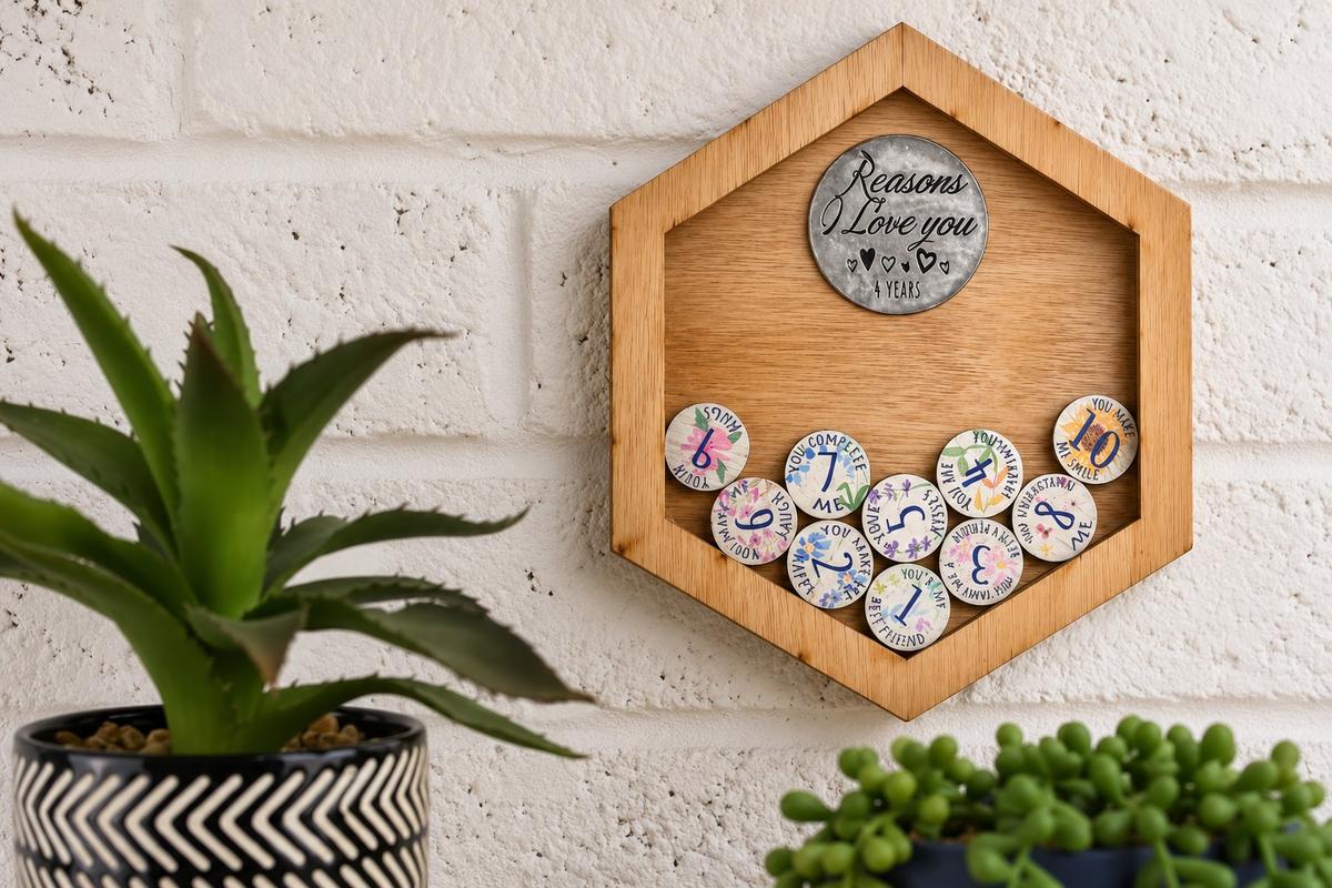 4th Anniversary Reasons I Love You Wooden Wall Frame and Full Colour Love Tokens