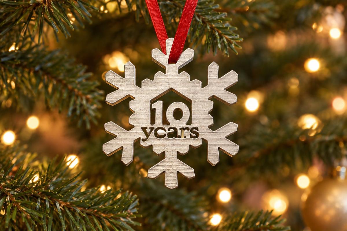 10 Year Cut Out Metal Snowflake Christmas Tree Hanging Decoration - 10th Wedding Anniversary
