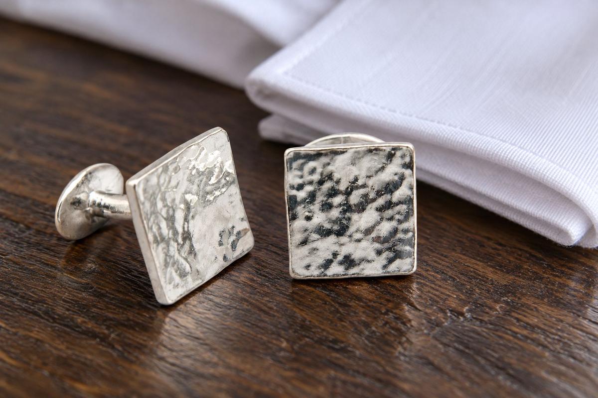tin cufflinks — beaten tin square cufflinks, 10th anniversary gift for husband, handmade Cornwall UK