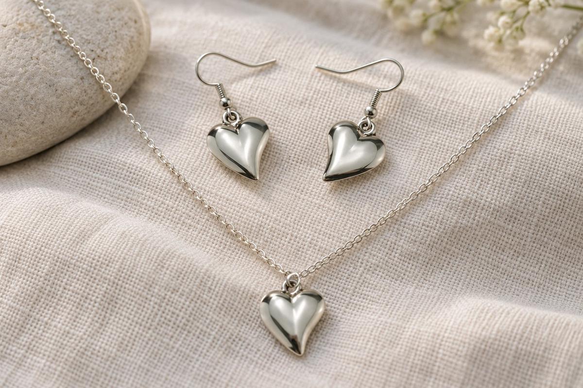 10th Anniversary Tin Heart Jewellery Set – Handcrafted Pure Tin Necklace & Earrings, Unique 10 Year Gift for Wife
