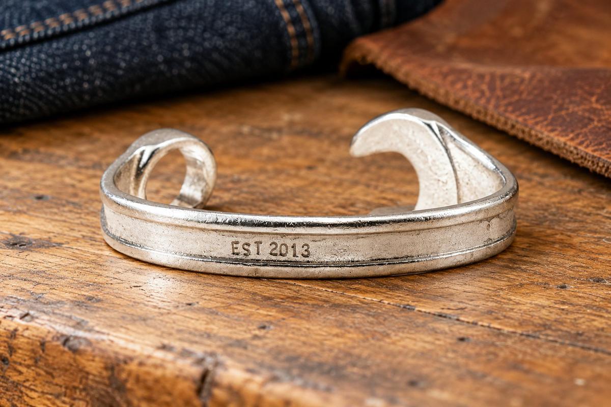 13 Year Anniversary Established 2013 Spanner Wrench Bangle Bracelet - Stamped with EST 2013