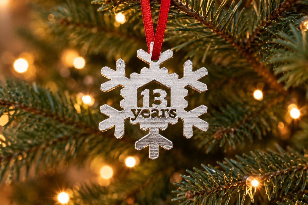 13 Year Cut Out Metal Snowflake Christmas Tree Hanging Decoration - 13th Wedding Anniversary
