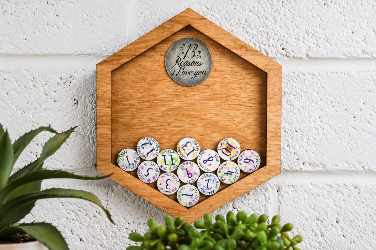 13th Anniversary Gift for Husband or Wife | 13 Reasons I Love You Wooden Wall Frame with Love Tokens | Lace Anniversary Keepsake