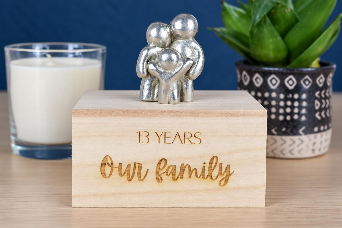 13th Anniversary Gift | Hugging Family Sculpture on Engraved Wood Box