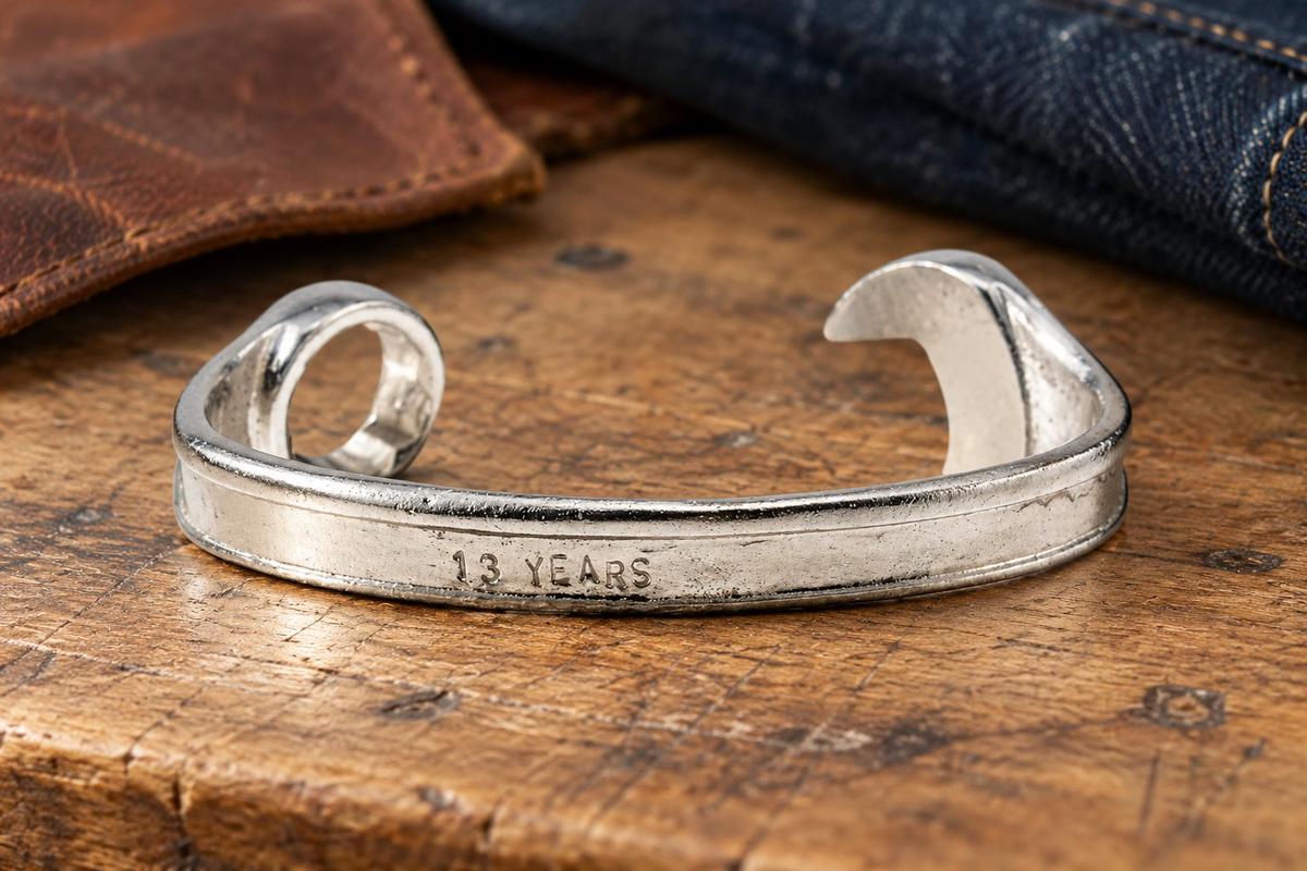 13th Anniversary Gift Ideas For Him - Spanner Wrench Bangle Bracelet - Men's Gift Stamped With 13 YEARS
