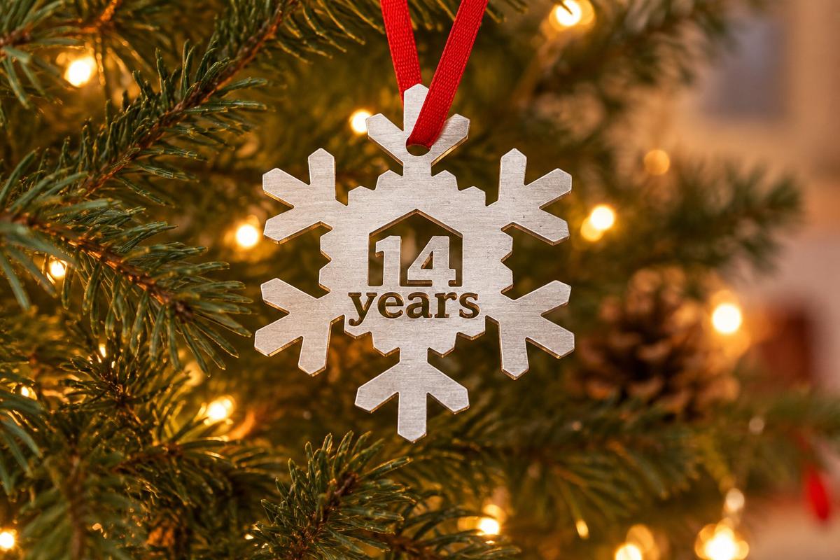 14 Year Cut Out Metal Snowflake Christmas Tree Hanging Decoration - 14th Wedding Anniversary