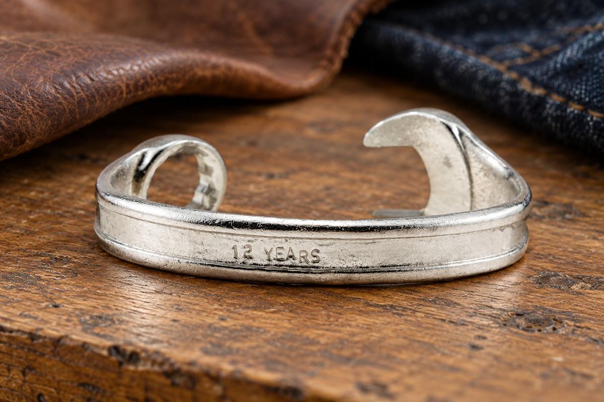 12th Anniversary Gift Ideas For Him - Spanner Wrench Bangle Bracelet - Men's Gift Stamped With 12 YEARS