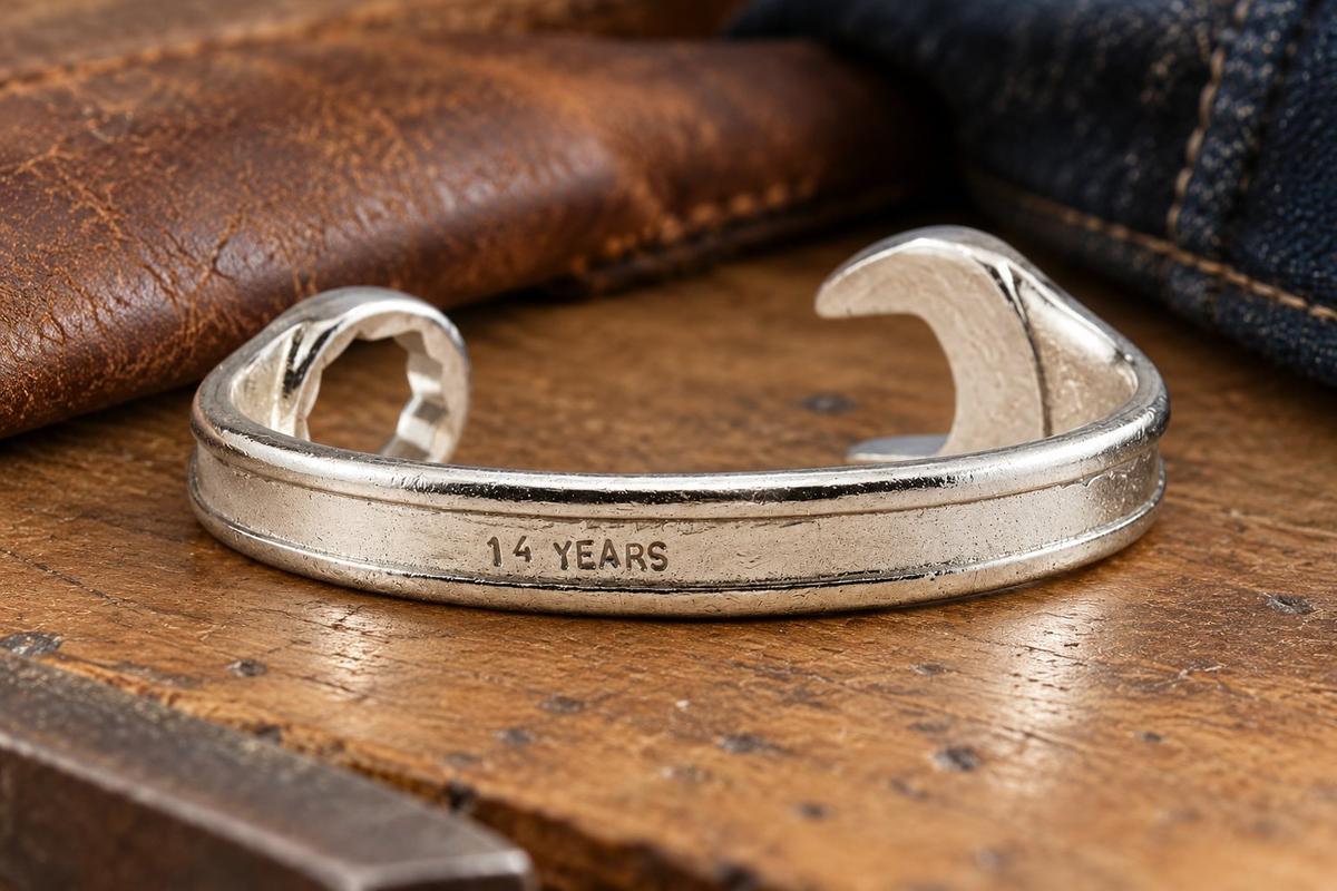 14th Anniversary Gift Ideas For Him - Spanner Wrench Bangle Bracelet - Men's Gift Stamped With 14 YEARS