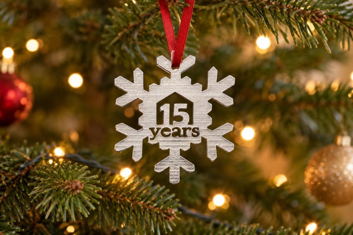 15 Year Cut Out Metal Snowflake Christmas Tree Hanging Decoration - 15th Wedding Anniversary