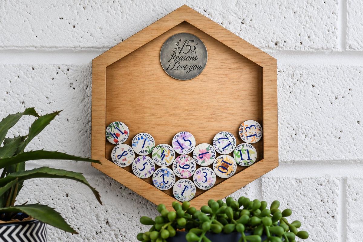 15th Anniversary 15 Reasons I Love You Wooden Wall Frame - Full Colour Love Tokens