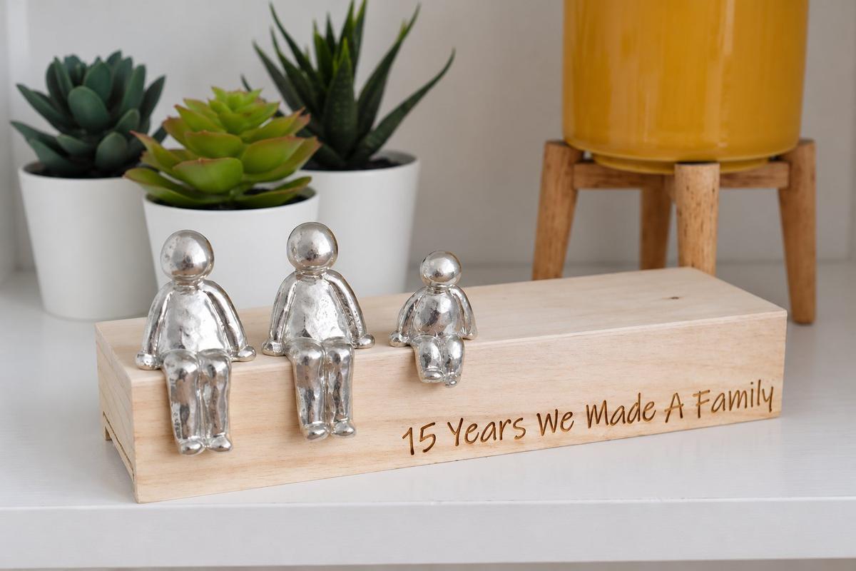 15th Anniversary Family Sculpture Figurines Pure Tin Crystal Anniversary Gift Personalised We Made a Family Fifteen Years