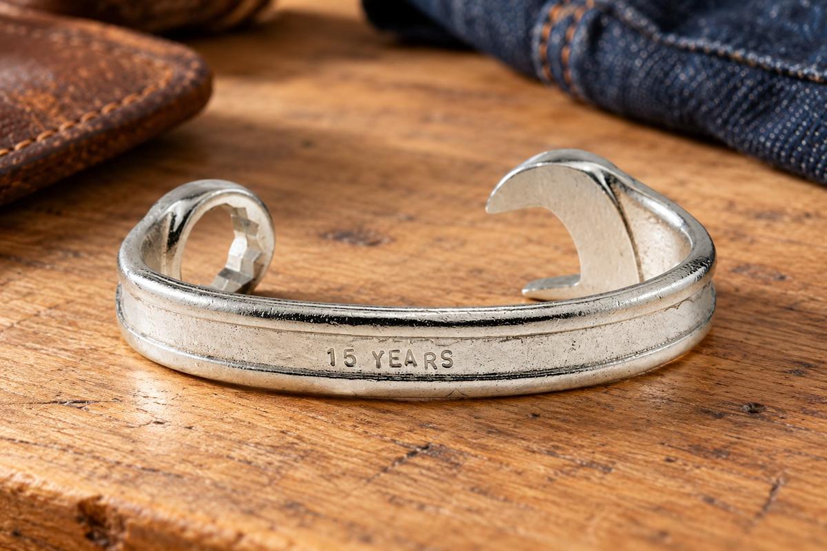 15th Anniversary Gift Ideas For Him - Spanner Wrench Bangle Bracelet - Men's Gift Stamped With 15 YEARS