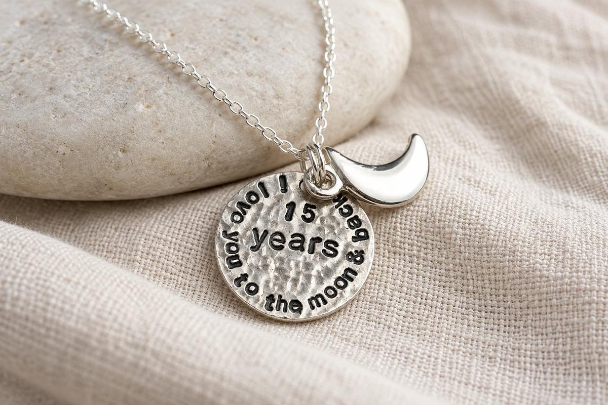 15th Anniversary Necklace - Moon & Back Pendant, Rustic Jewelry