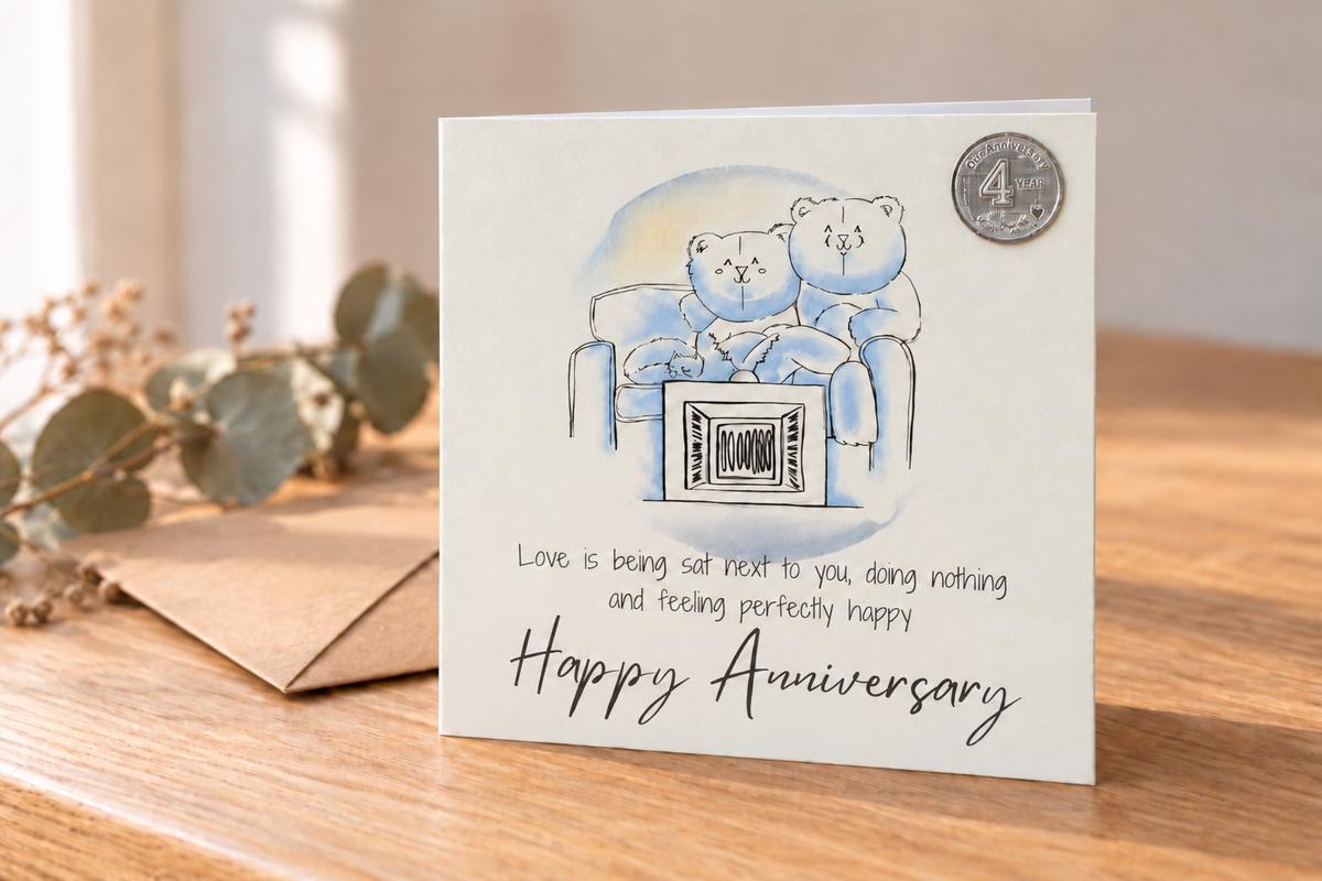 4th Anniversary Card - Relaxed Bears Watching TV, with 4th Anniversary Metal Token