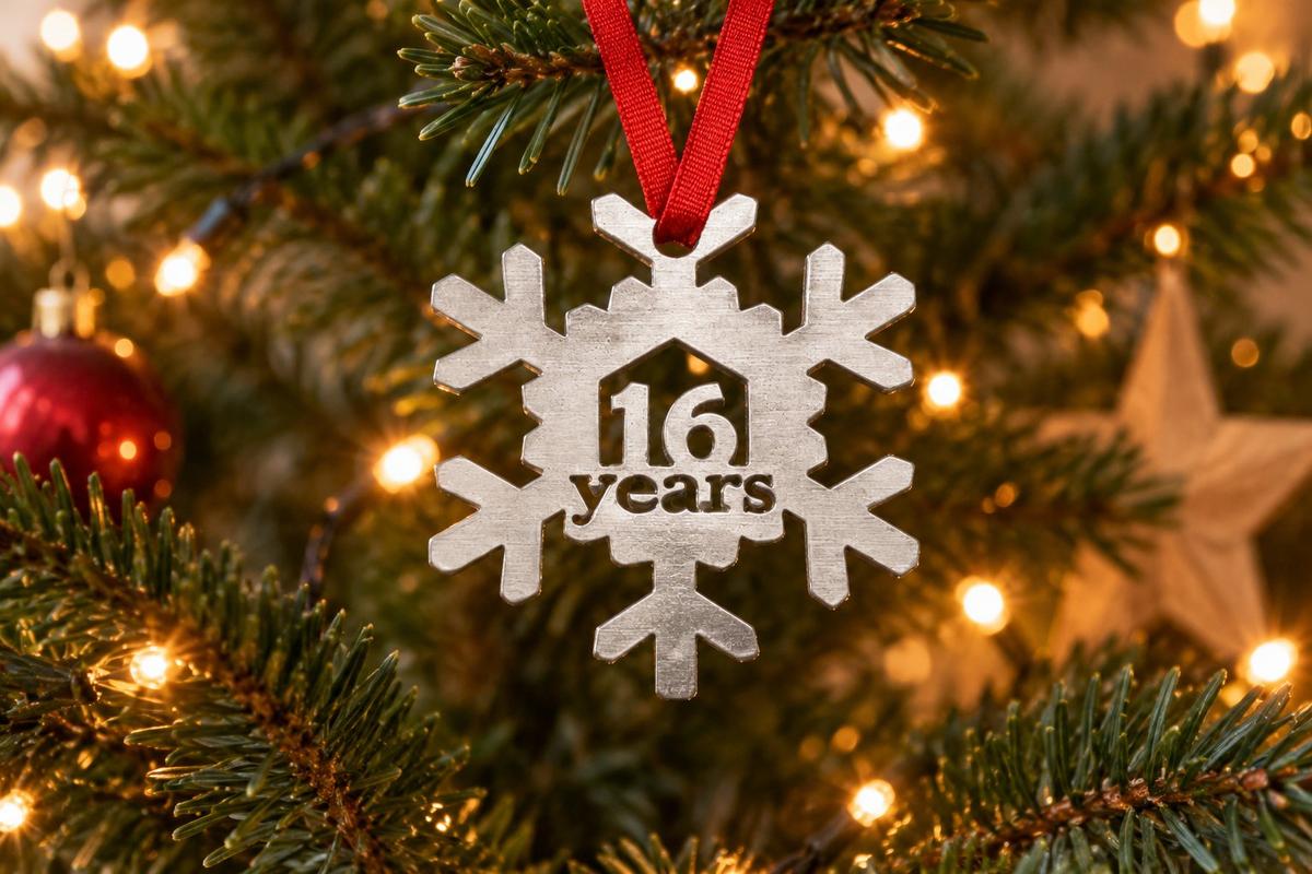 16th Anniversary Christmas Tree Decoration Pure Tin Snowflake Ornament Personalised Wedding Anniversary Gift Idea